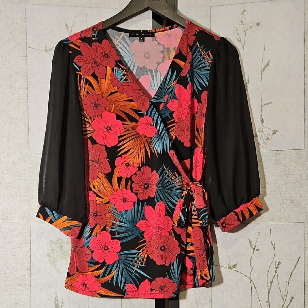 Pink Wrap Blouse with Sheer Sleeves